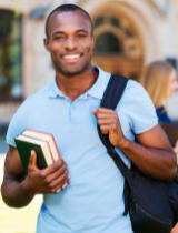 College student holding a backpack and books